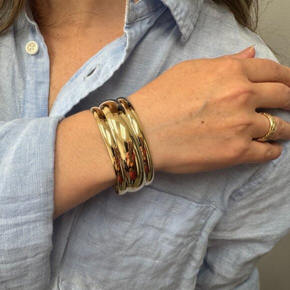 Chunky Cuff Bangle | Sculpted Curvy Line Bracelet | 14K Gold-Plated Silver - Picture 1 of 6